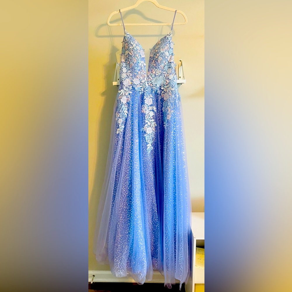 JVN by Jovani Blue Floral Sequin Prom Dress